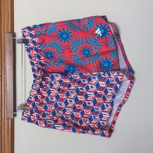 NWT FARM Rio Womens M Logo Print Pacer Shorts X Adidas Bright Red Signal Cyan ♥️